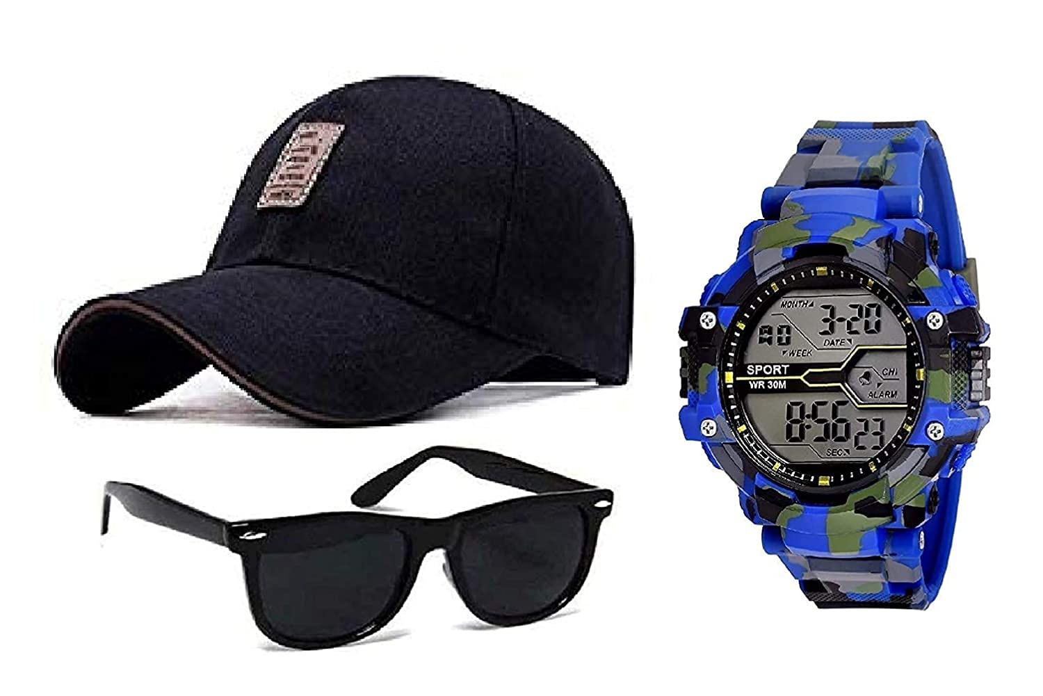 pass pass Adjustable Baseball Cap,Sunglass & Watch for Man & Boys.(Pack-3) Black