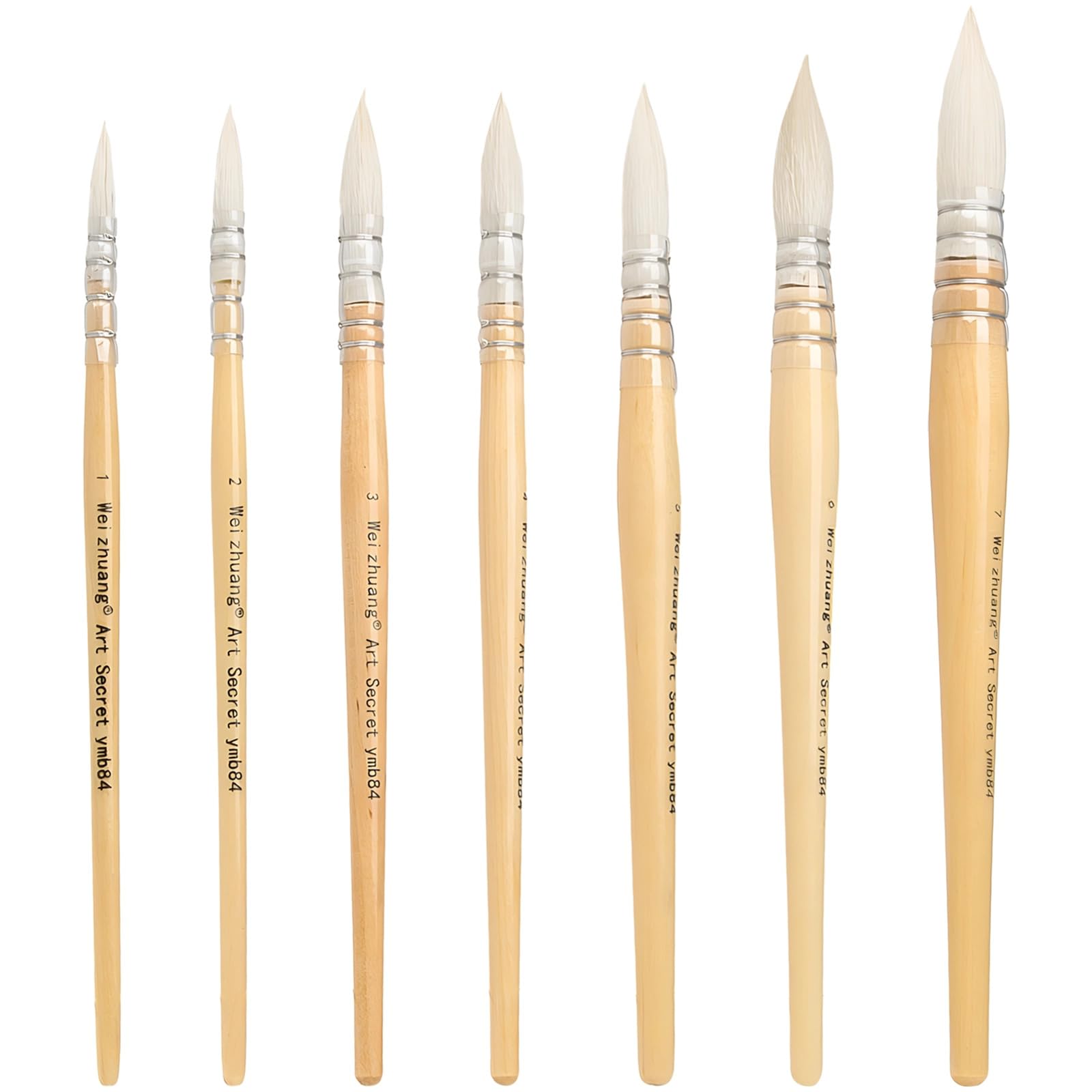 7 Stück Woll Aquarellpinsel, Pinselset für Bastelarbeiten und Wasserfarben, Größen 1 bis 7, mit Griffen aus Naturholz, für feine Details, klare Linien und Verschiedene Techniken