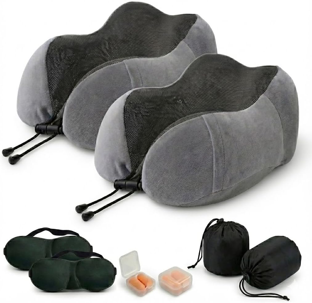 NEUL Memory Foam Travel Neck Pillow for Airplanes (2 Pack with Earplugs) (Grey & Grey)