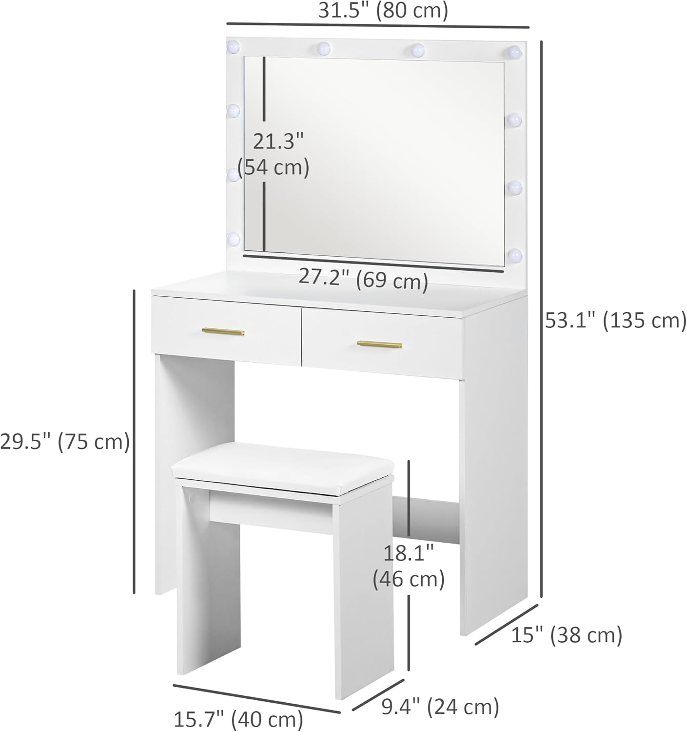 Diagram showing the dimensions of the HOMCOM Vanity Desk and Stool