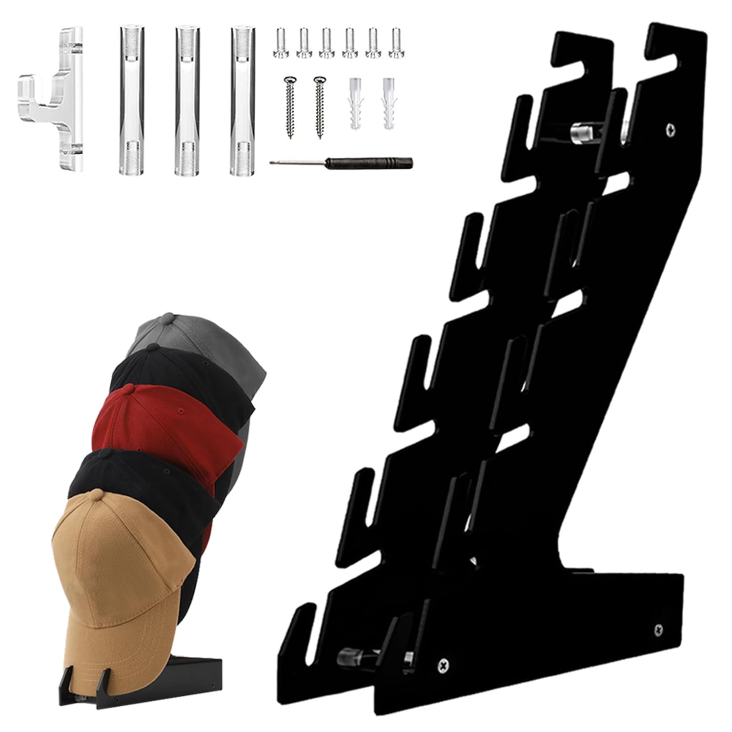 Hutständer Hat Rack Organizer,Cap Halter,Hutablage Fasst 5 Hüte Wandhalterung aus Acryl,Mützen Aufbewahrung,Huthalter passend Für Baseballkappen,Schränke, Schubladenschränke und Wände,Schwarz