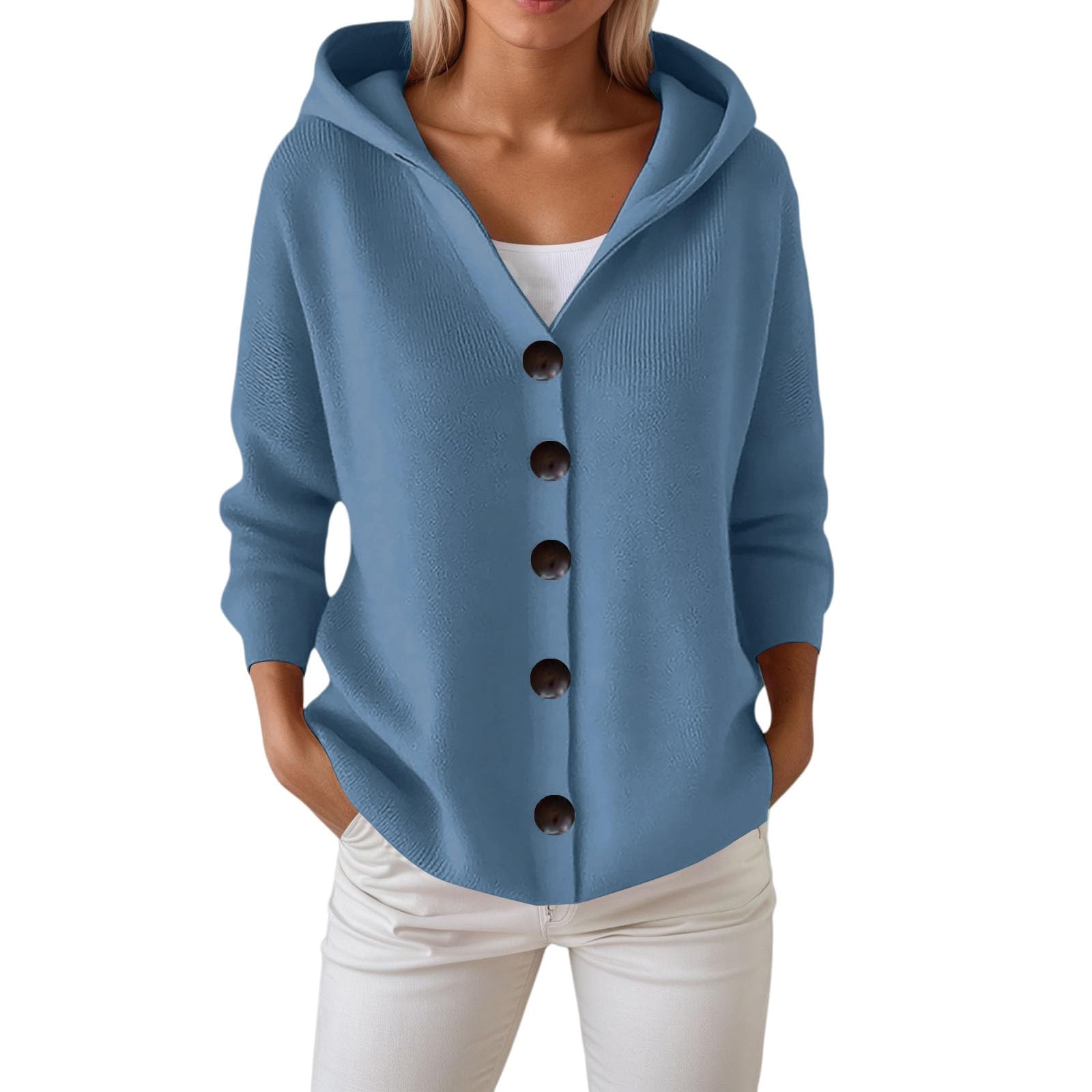 Womens Hoodie Sweater Ribbed Knit Button Down Open Front Cardigans Casual V Neck Long Sleeve Hooded Sweaters
