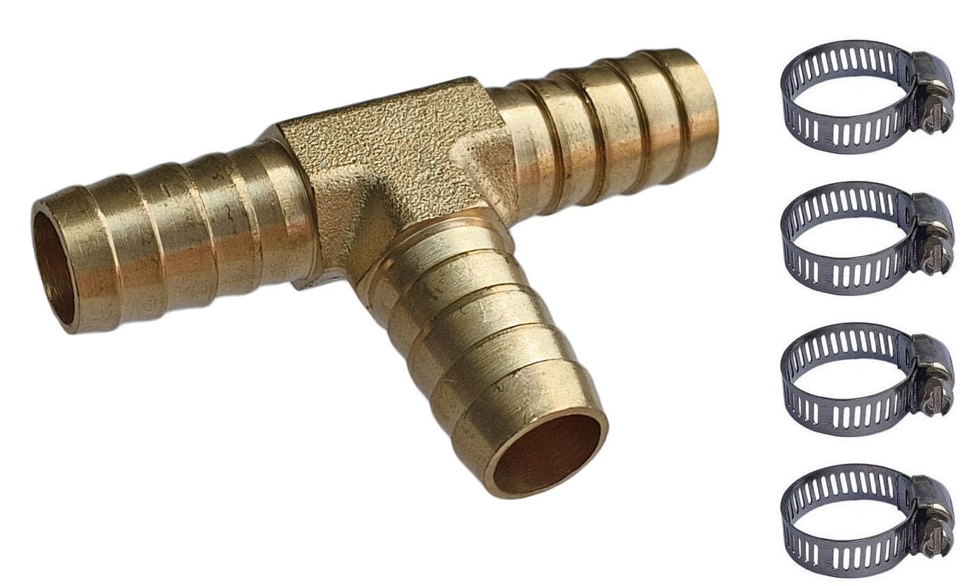 ESEKSAFAR 3-way Brass barb connector Hose Barb Fitting T-Connector 2-Years warranty for Gas/Water/Fuel/Air/Pneumatic and etc. (12.5mm (1/2 inch) T-Way Barb connector & clamp 4pc)