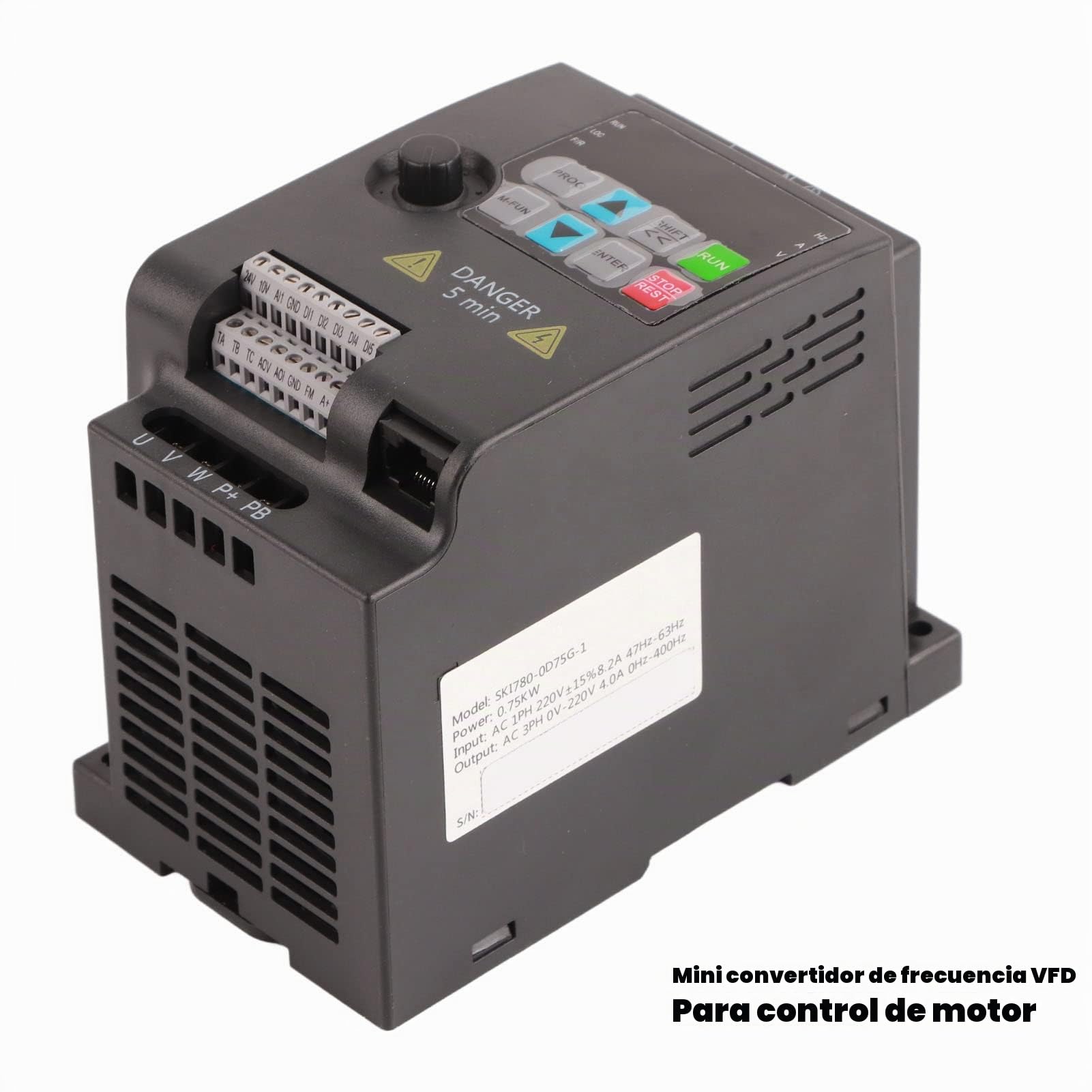 SKI780 Variador de Frecuencia 0.75kW 220V, Inversor VFD Mini, Control Vectorial, Motor Universal, 110x85x142mm