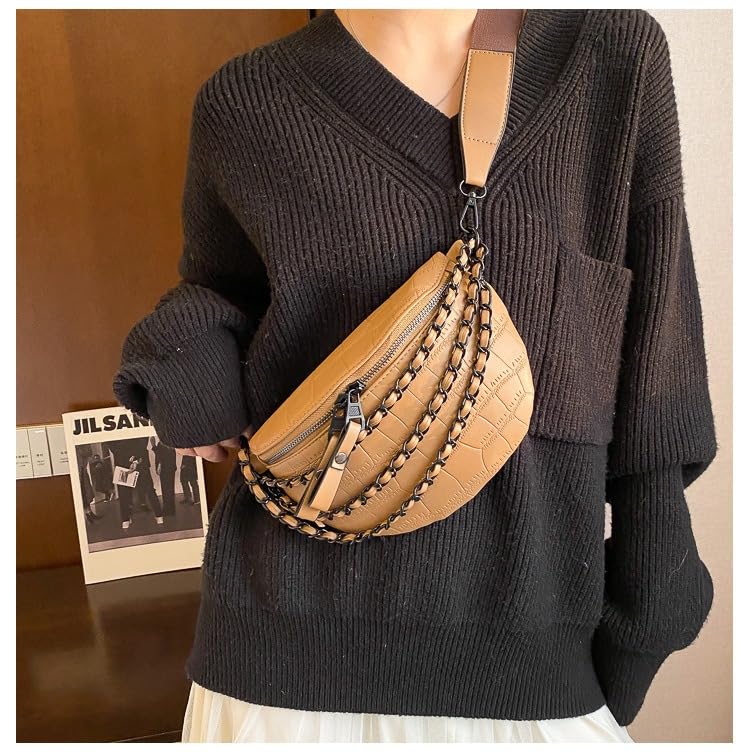 Image of Leather Fanny Pack Bag for Women, Chain Belt Bag Chest Purse Fashionable Crossbody Waist Bags Handbag for Everyday Use Trip Walking Hiking
