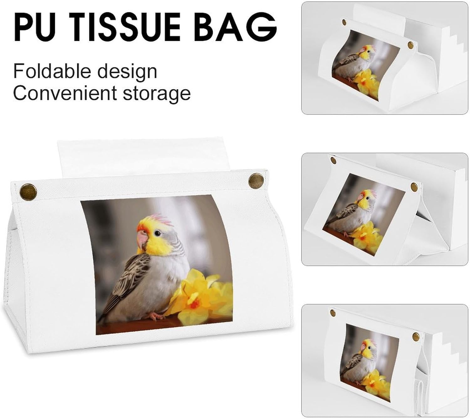 Decorative PU Tissue Paper Holder Cute Cockatiel Printed Tissue Box Cover Napkin Tissues Organizer Home Decor for Bathroom Night Stands Desk Car Dining Table image 4
