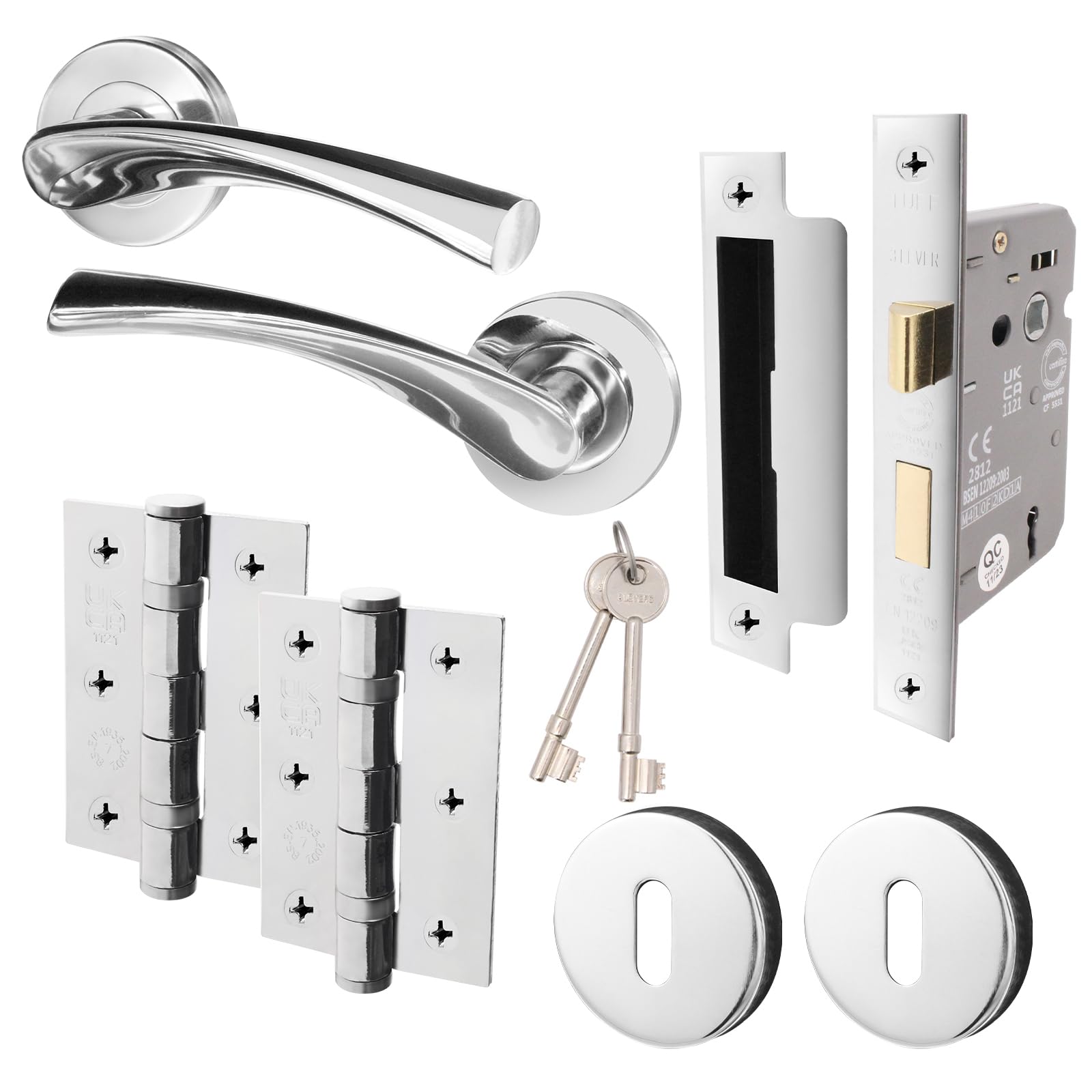 EAI Chrome Key Lock Door Handle Set | Round Internal Door Handles, Sash Lock, Hinges (76mm) & 2 Escutcheons | Polished Chrome Novoli Range