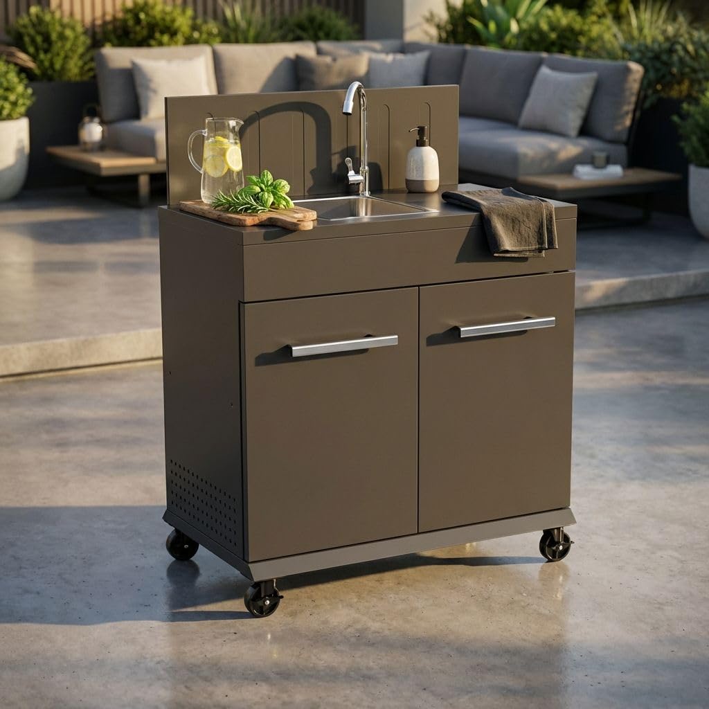 Milani Home - modulo cucina outdoor con lavello, metallo, lavello cucina outdoor, nero, 82 x 46.5 x 109.5 cm