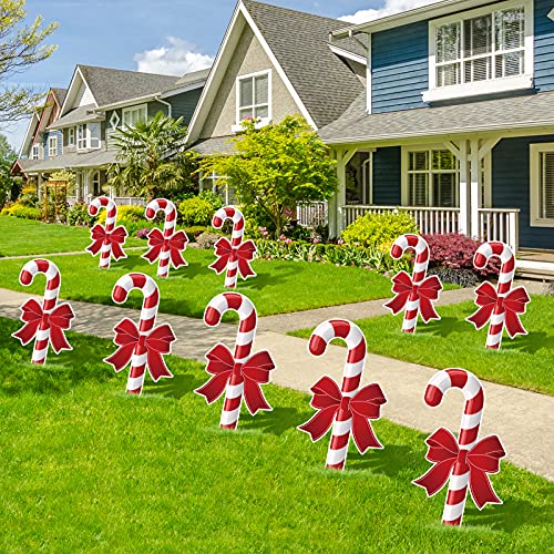 Whaline 10Pcs Christmas Yard Sign with 20Pcs Stakes Large Candy Cane Lawn Waterproof White Red Stripe with Bow Outdoor Sign for Xmas Pathway Walkway Patio Garden Decoration