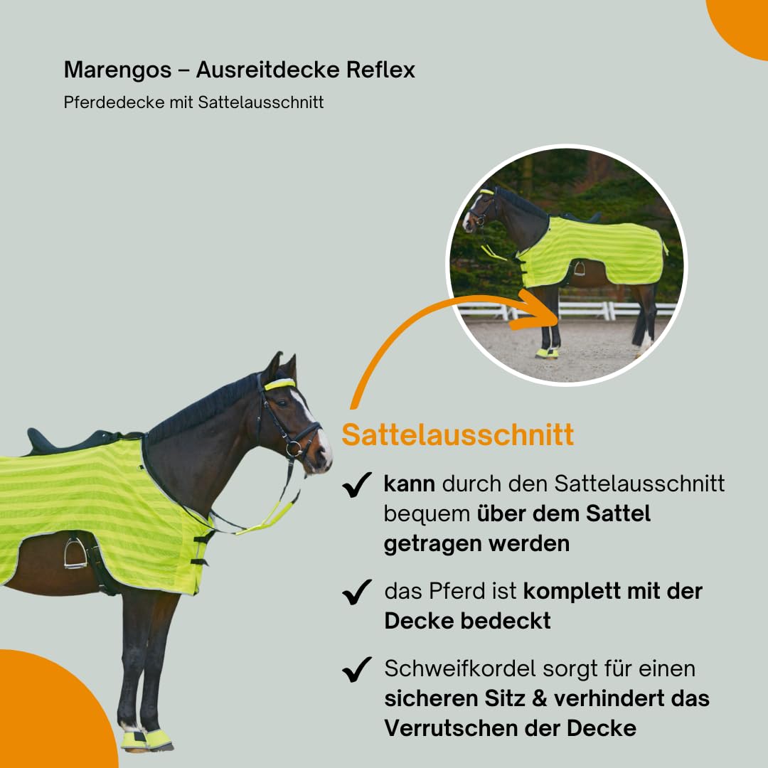 Marengos – Ausreitdecke Reflex – Pferdedecke mit Sattelausschnitt – stark reflektierend & mit Silber-Leuchtstreifen – Outdoordecke für Pferde – Pferde Zubehör in Neongelb – 125cm