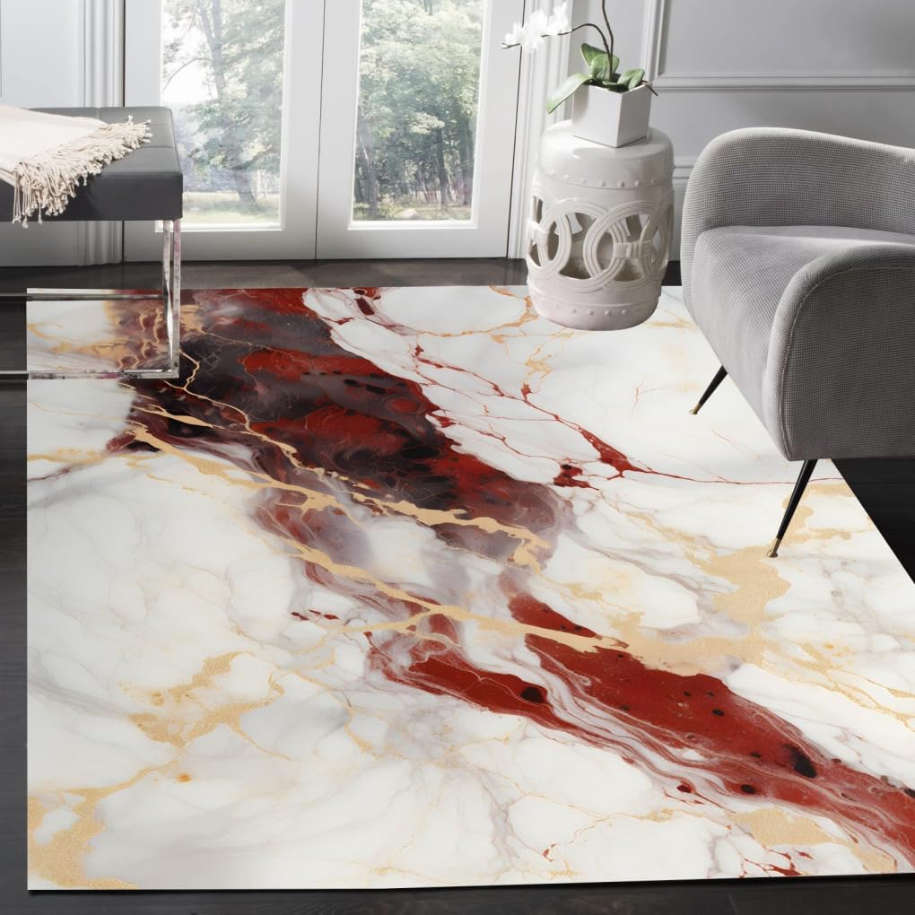 Marble Texture Modern Abstract Burgundy Beige Gold Soft Wool Area Rugs 6x9 Washable Soft Non Shedding Art Decor Rug for Living Dining Room Thick