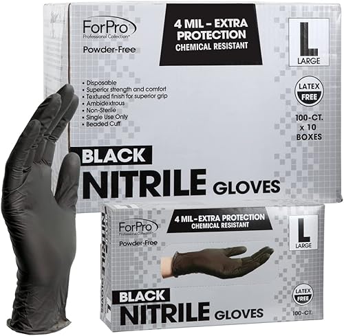 ForPro - Guantes desechables de nitrilo, resistentes a productos químicos, sin polvo, sin látex, no estériles, seguros para alimentos, 4 mil, negro,