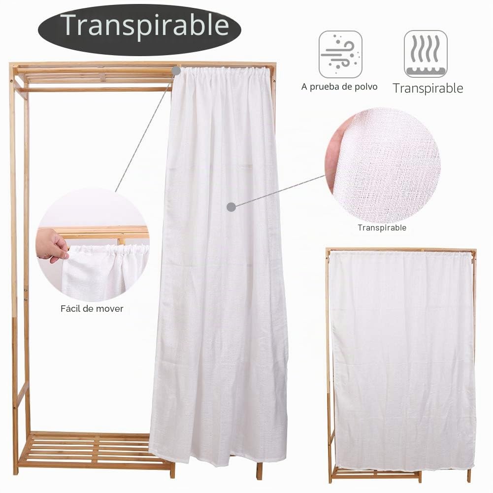 medla Perchero Burro de Bambú Armario Abierto con Cortina Barra 6 Estantes | Perchero de Pie para Ropa Zapatos Canastas, Para Dormitorio Salon, 91 x 30 x 146cm