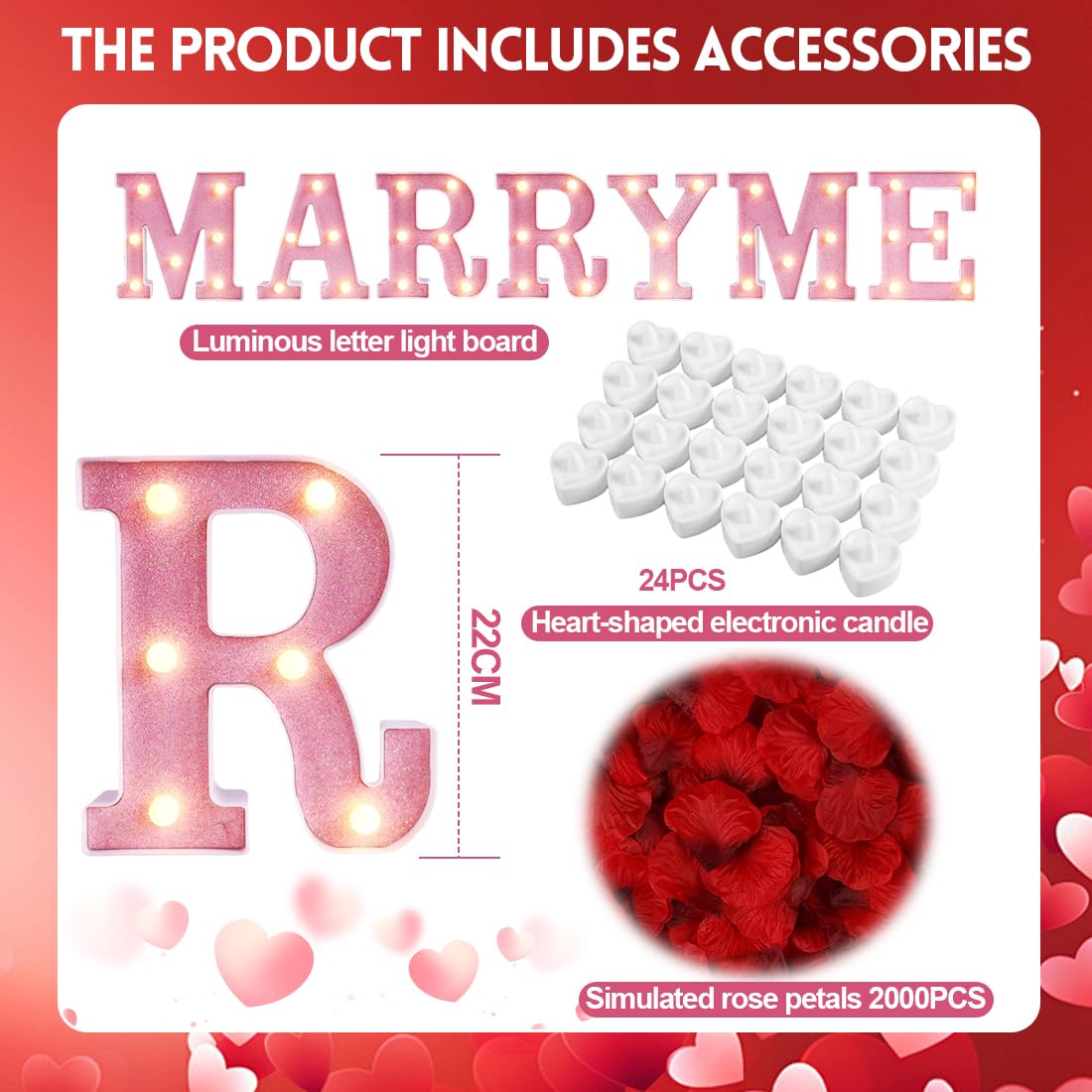 RANJIMA MARRY ME Leuchtbuchstaben als Dekoration für Heiratsanträge, 2000 künstliche Rosenblätter mit 24 Romantischen Flammenlosen Kerzen in Herzform für Hochzeitstag Braut Verlobung Valentinstag