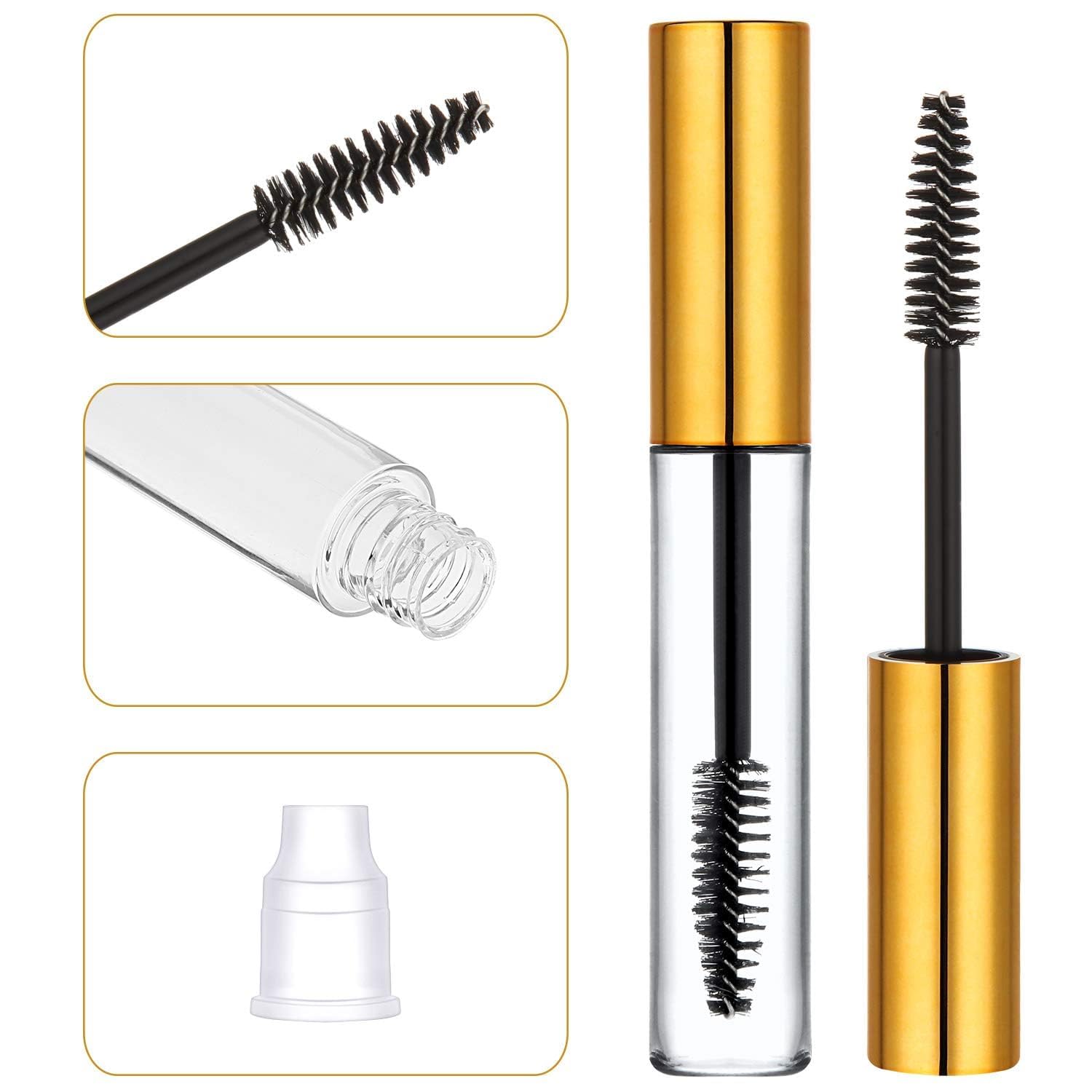 RAJry 2 Pcs 10ml Empty Mascara Tubes Wand Portable Cream Container Bottle Ideal Kit for DIY Cosmetics Castor Oil Travel with 2 Rubber Inserts with 1 Pcs Funnel (Gold) 4