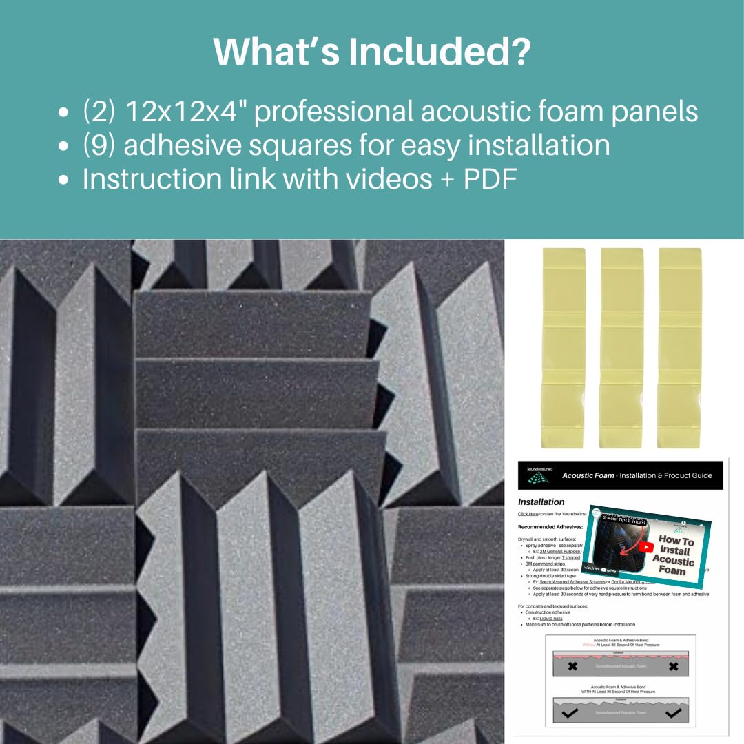 Bass Absorbing Wedge Style Panels - Soundproofing Acoustic Studio Foam - 12"x12"x4" Tiles - 2 Pack - DIY (Charcoal) - Image 4
