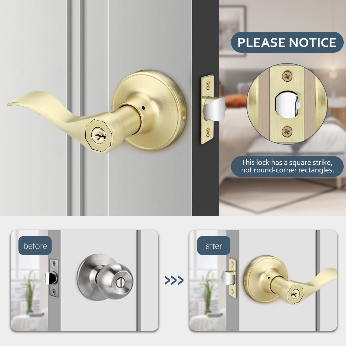 EHOMEWARE 2 pomos de puerta de entrada con llave igual con cerradura y llave, manijas de puerta de latón satinado dorado interior, manijas de puerta de latón satinado exterior, manijas de puerta a