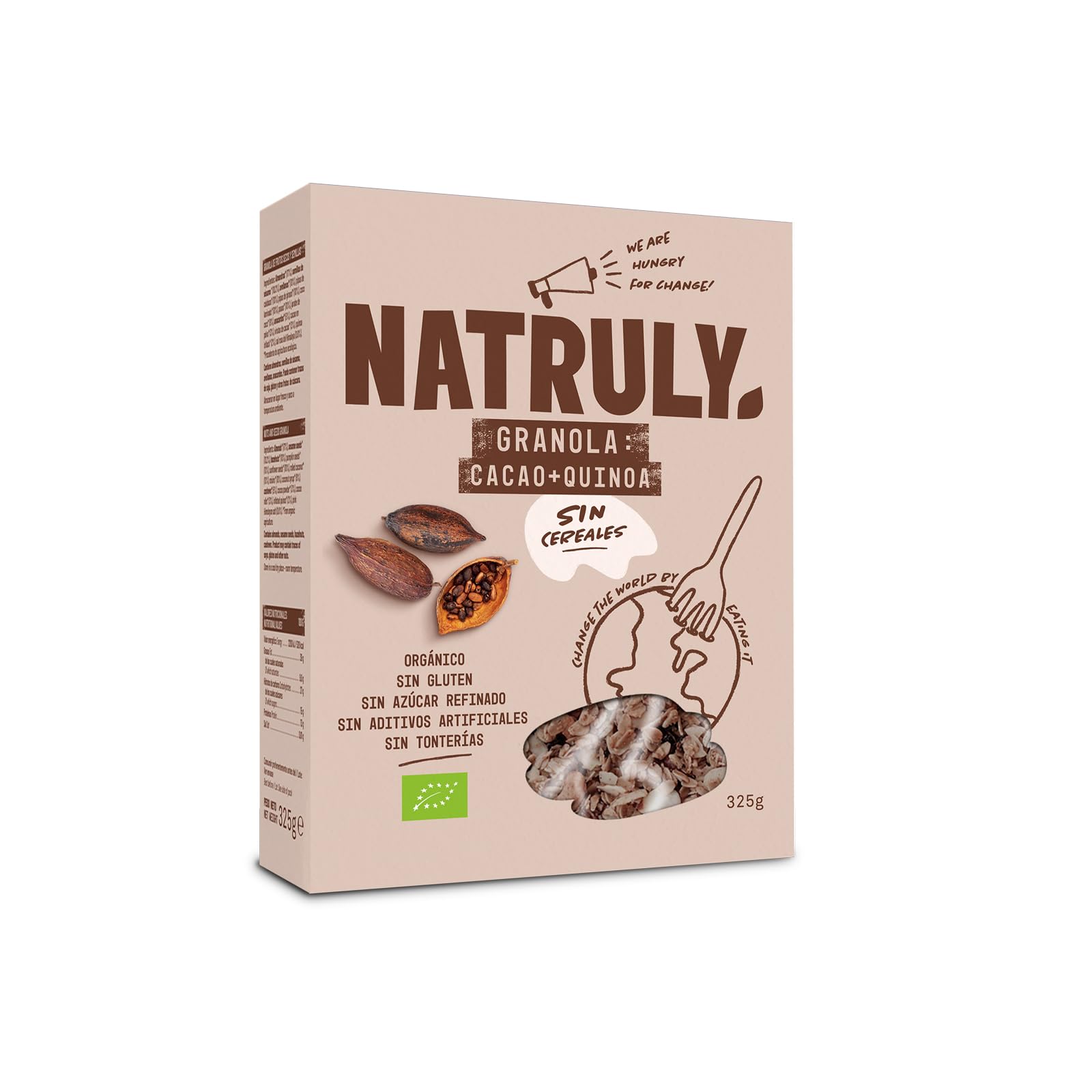 NATRULY Granola BIO Sin Azúcar Refinado, Sin Gluten, Solo Frutos Secos y Semillas, Sin Cereales, Sabor Cacao - Pack 6x325g