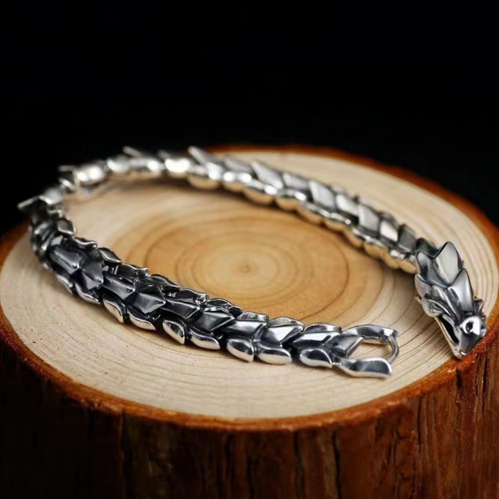 Pulsera Vintage de dragón de la Suerte Feng Shui de Plata Pura S925, protección de la Fortuna y la Riqueza, Amuleto Retro de Buena Suerte(B_20 CM)