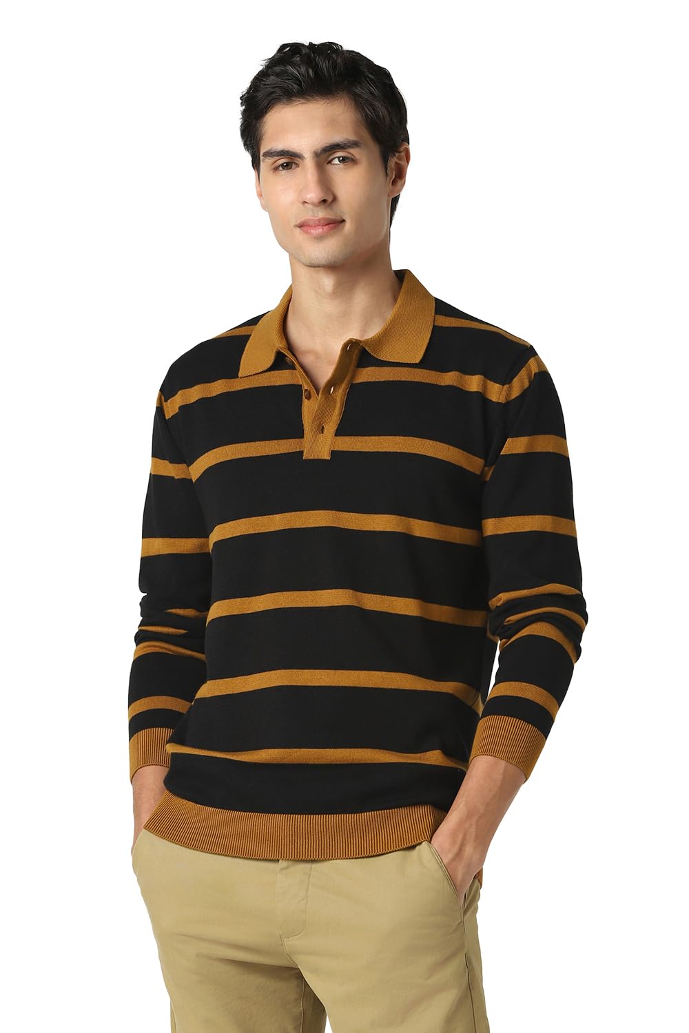 peter england Men Black Stripe Polo Neck Sweater-picture-13