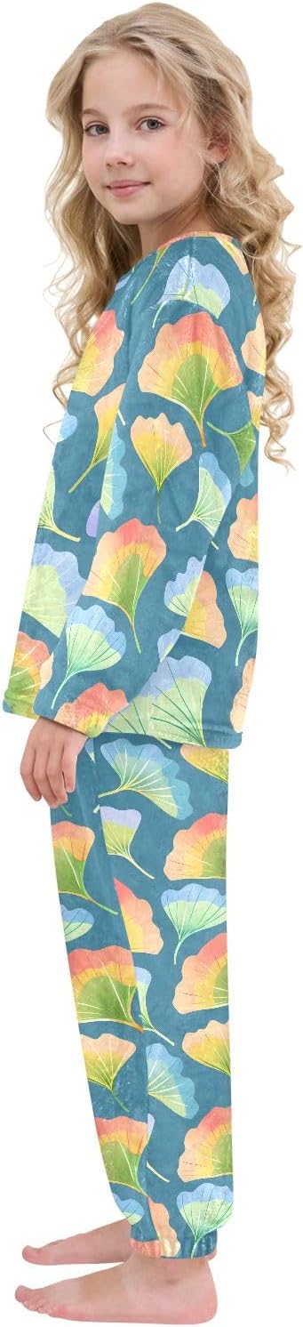 Kids Flannel Sets Ginkgo Biloba Leaves Warm Plush Relaxed Clothing for Boys and Girls