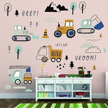 3 Fogli Adesivi Murali Veicoli Da Costruzione Per Bambini - Decalcomanie Rimovibili Per Camerette - Foto 3