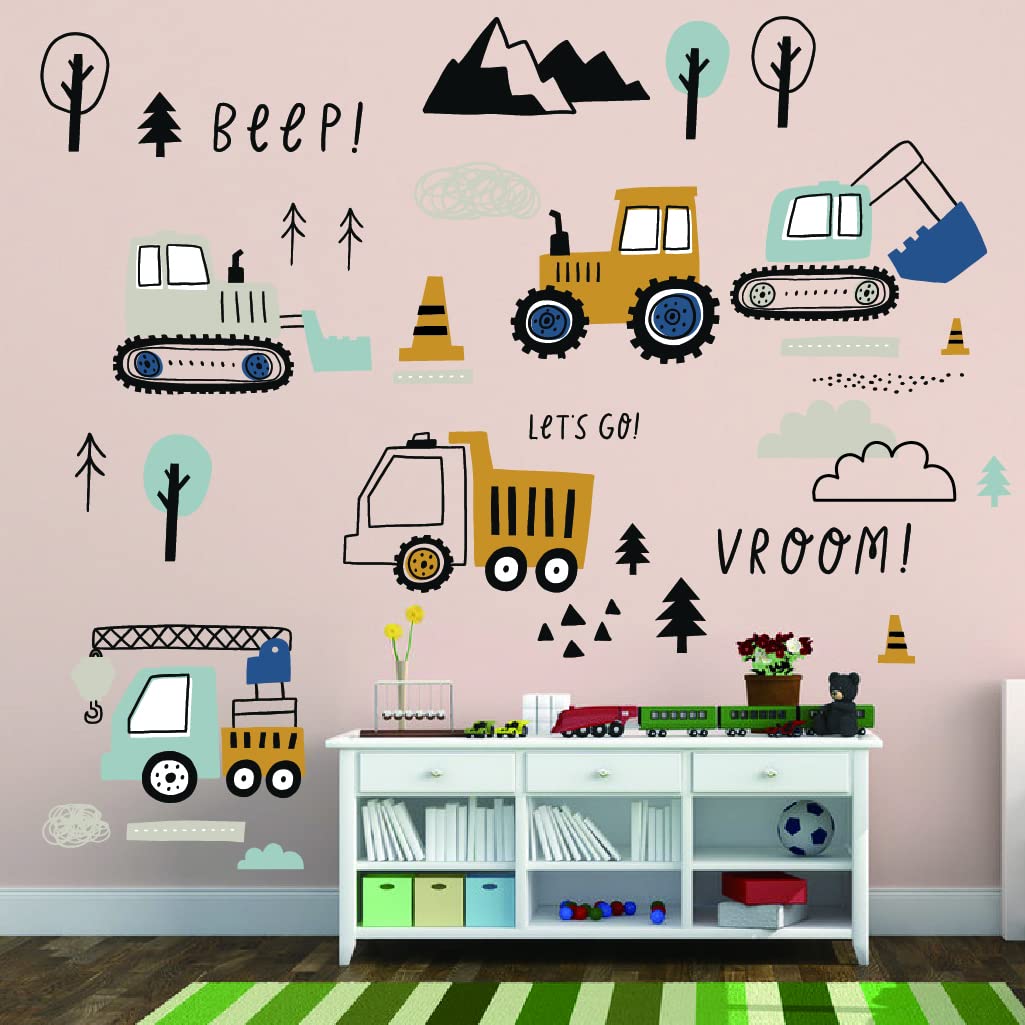 37 Pièces Stickers Muraux Enfants, Decoration Chambre Bebe Garcon, Autocollant Mural Enfant, Déco Chambre Stickers Voiture,tracteur,Cars,Grue,Bulldozer, Excavatrice,Camion(Tapez C)
