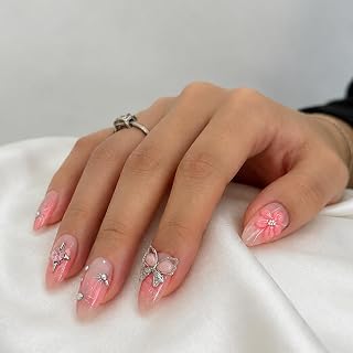 LunarCharm 30 Stück 3D-Schmetterling-Press-on-Nägel mit 3D Sternen- und Blumen-Verzierung, rosa Kunstnägel, wiederverwendbar, für den Alltag geeignet