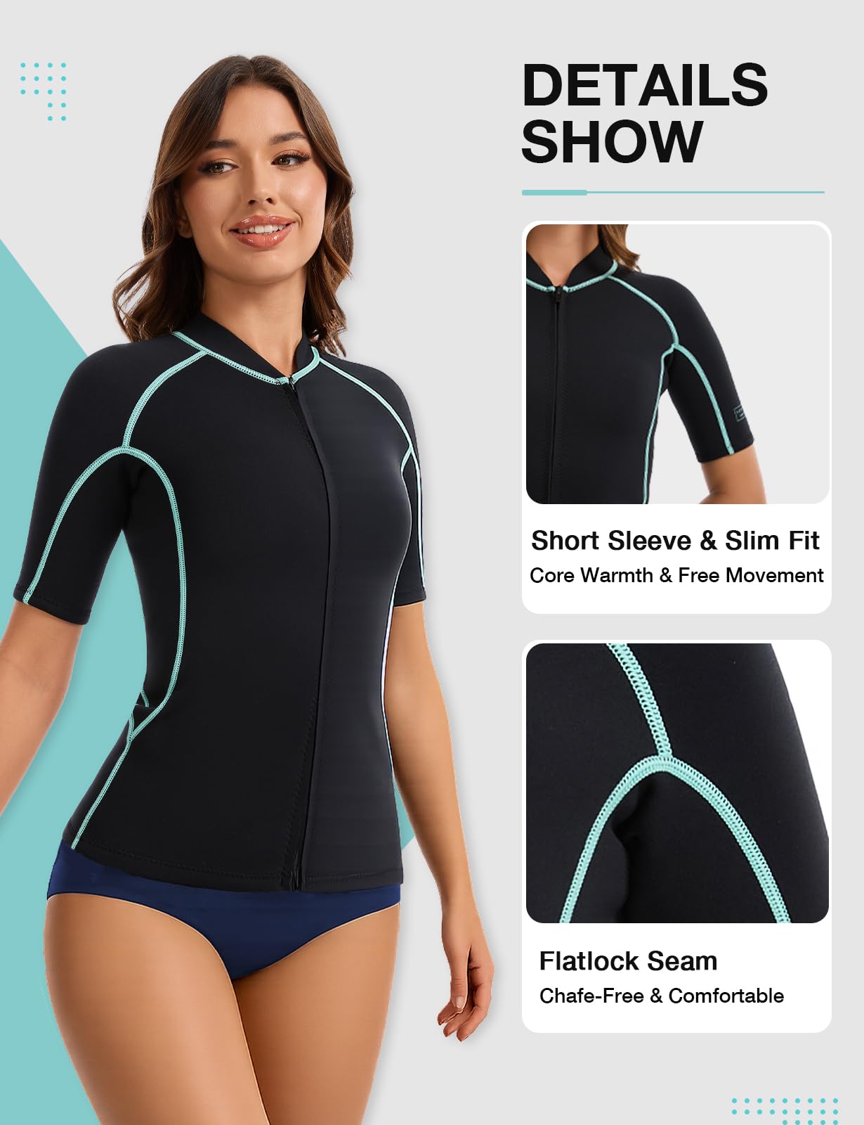 Lemorecn Traje de neopreno de manga corta para mujer, 2 mm, cremallera frontal, chaqueta de neopreno súper elástica para buceo, kayak, surf, natación