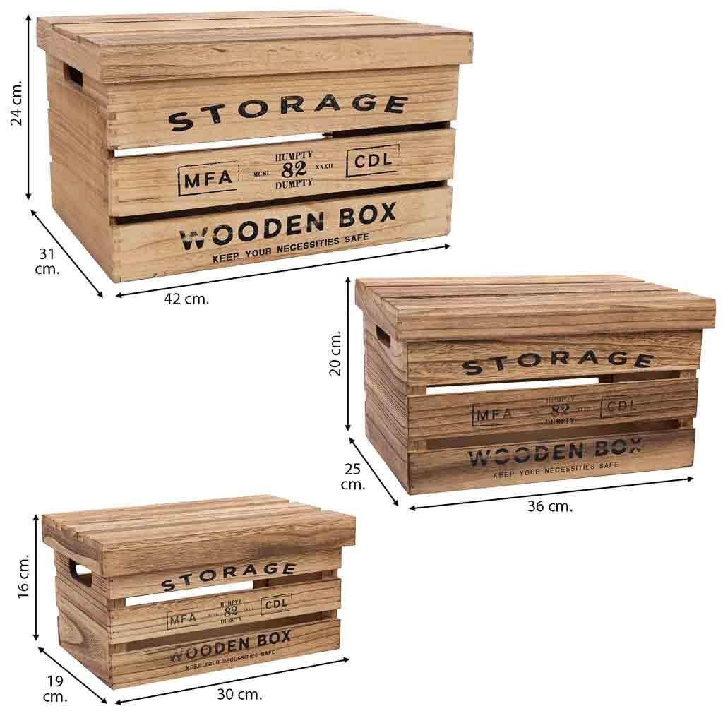 Bedruckte Holzkisten 3er Set 42x31x24h-36x25x20h-30x19x16h cm