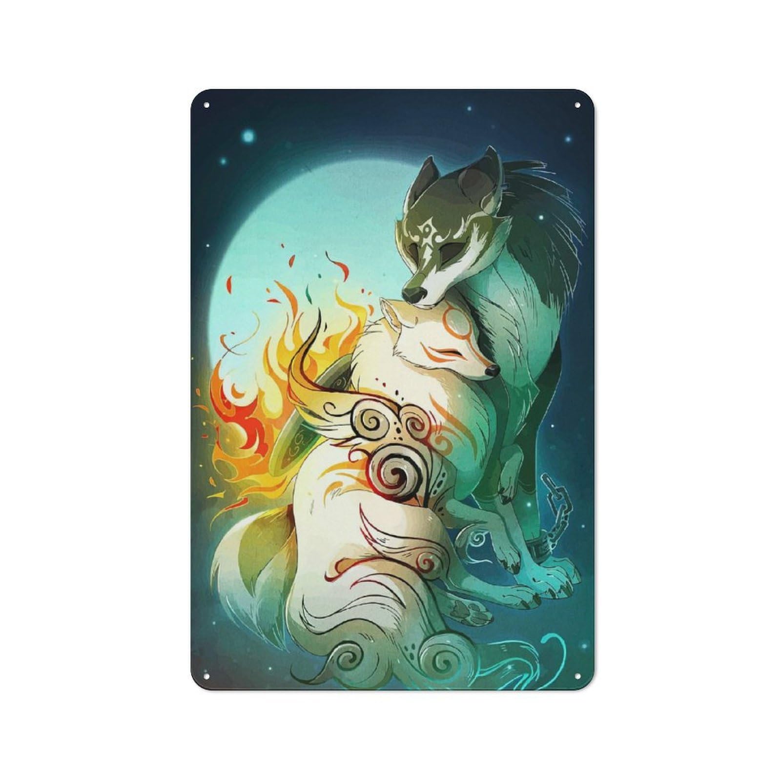 Junmoney Style-21 Wolf Link And Amaterasu Hugging Retro Metal Wall Decor 30X20cm, Decorative Tin Sign For Kitchen, Hallway, Bar Or Small Cafe