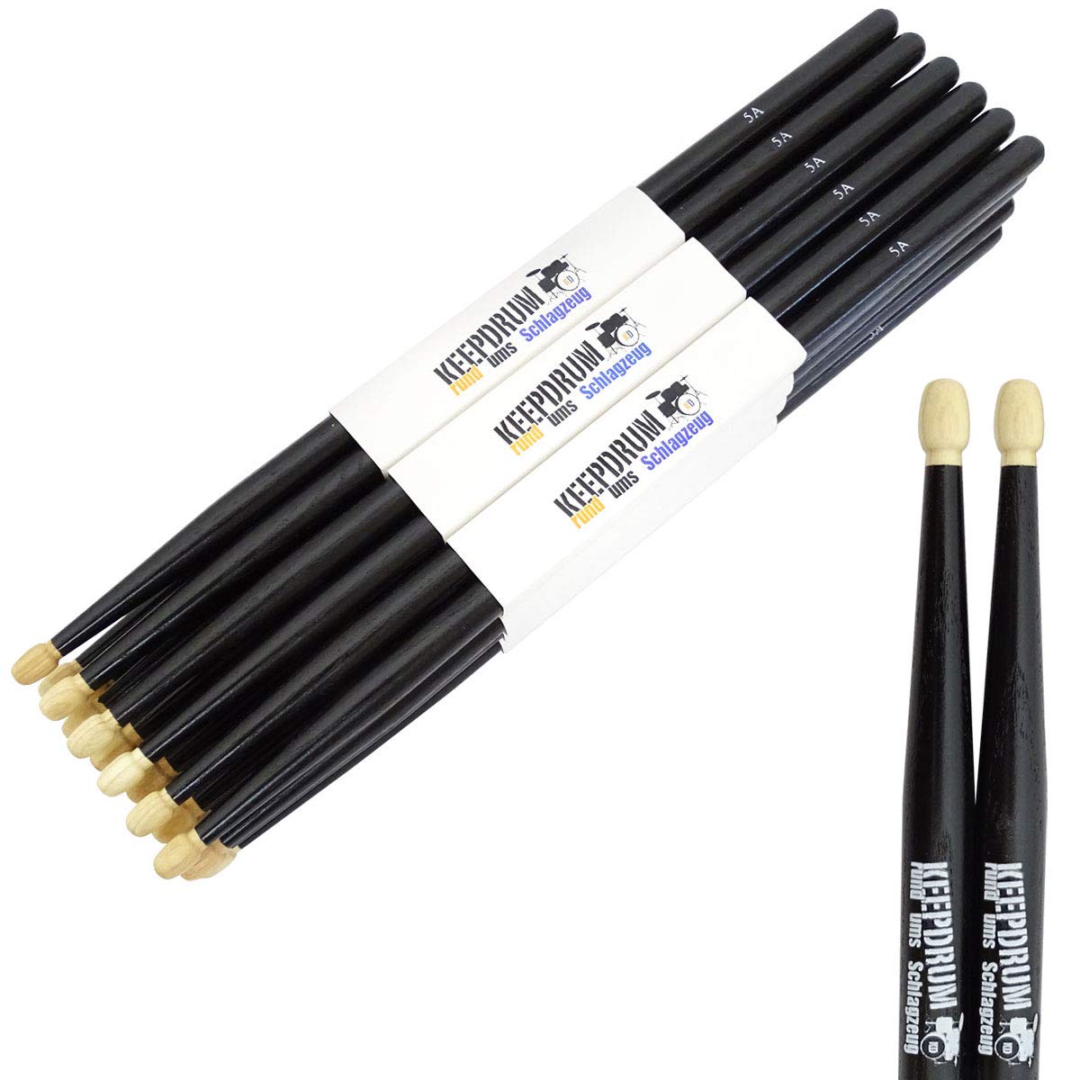 keepdrum 5AB Black Hickory Schlagzeug-Stöcke Drumsticks Schwarz 12 Paar