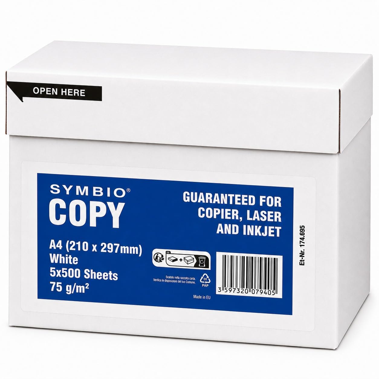 SYMBIO COPY Carta A4 75gr – 5 Risme (2500 Fogli) – Carta per Stampante Laser, Inkjet e Fotocopie – Bianca CIE 150 – Formato A4 75 g/m²