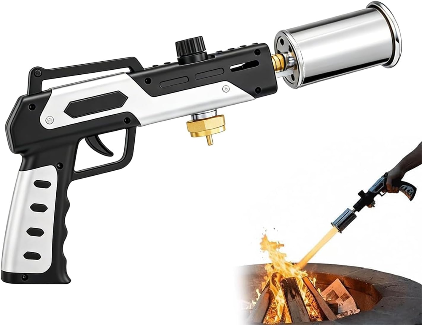 Propane Torch, 3272 °F Adjustable Flame Thrower with Safety Lock with Adjustable Flame for Searing Steak, BBQ, Welding, Butane Tank Not Included (silver)