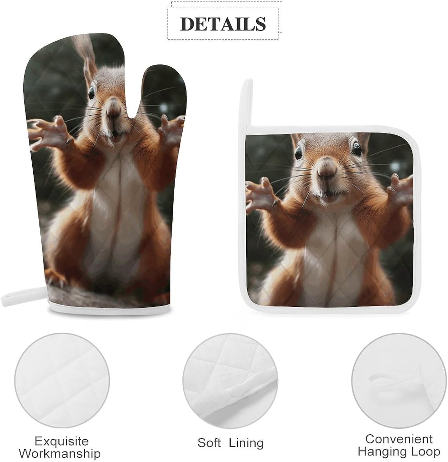 4-Piece Oven Mitts and Pot Holders Set Squirrel Funny Animal Printed Heat-Resistant Polyester Kitchen Gloves and Potholders Comfortable & Durable for Cooking Baking and Grilling