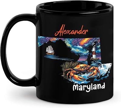 Maryland Cup With Crab Design, Custom US States Ceramic Mug, Personalized Name Colorful Maps Cup 11oz Or 15oz, Customized Maryland Themed Black Mug, Seaside State Coffee Cup