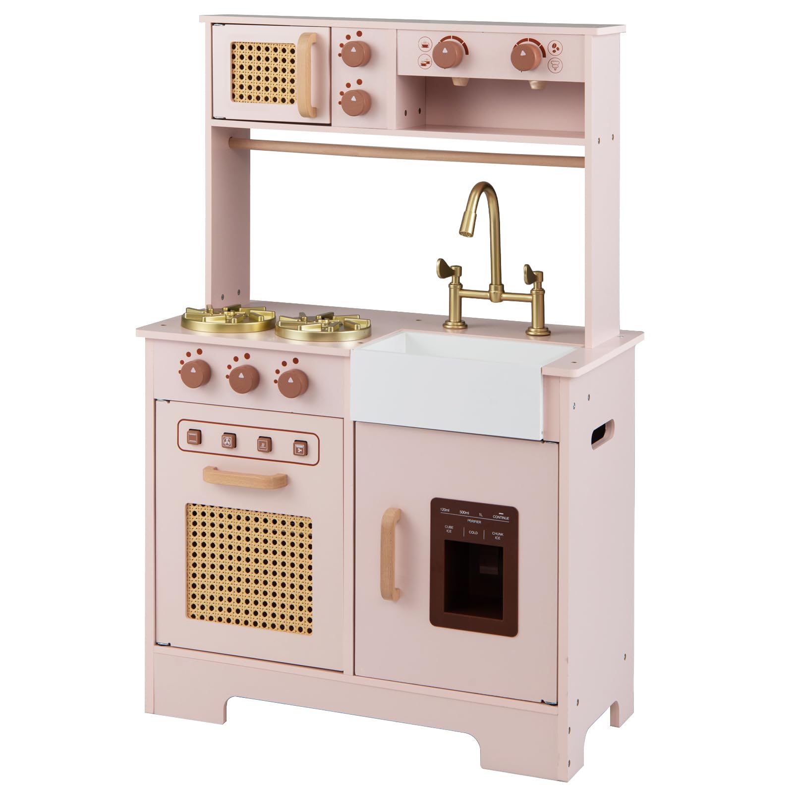 Maxmass Kids Play Kitchen, Wooden Toddler Toy Kitchen with Dual Stoves, Lights & Sounds, Faucet & Sink, Coffee Maker, Ice Dispenser, Pretend Kitchen Role Play Cooking Set for 3+ Boys Girls (Pink)