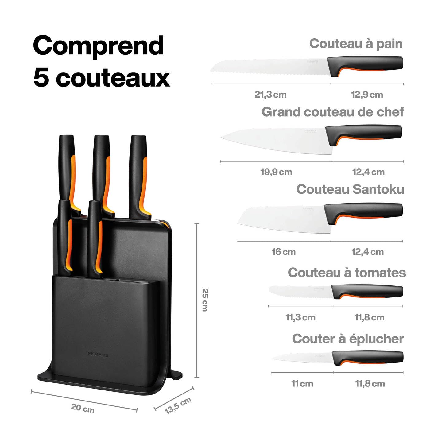 Fiskars Bloc de Couteaux Design avec 5 Couteaux, Functional Form | Comprenant Couteau à Légumes, Couteau à Tomates, Couteau de Chef Santoku, Plastique, Noir, 1057554