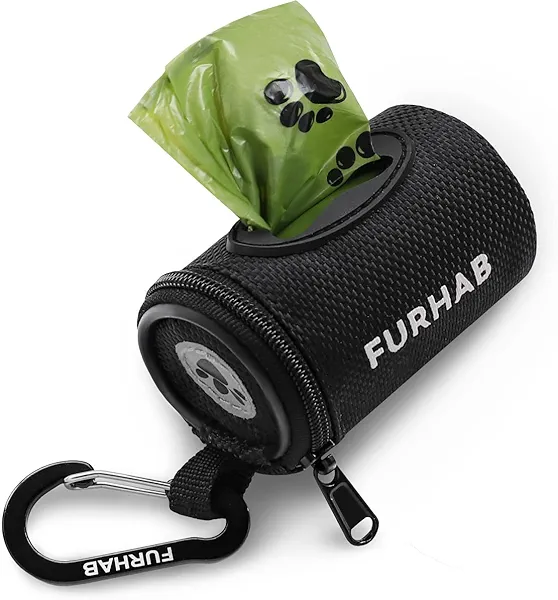 FURHAB Dog Poop Bag Holder for Leash Doggie Waste Bag Dispenser Soft Fabric Puppy Potty Carrier Small Doggy Zipper Pouch with Carabiner Clip with 1 Roll of Pet Trash Bags, Black