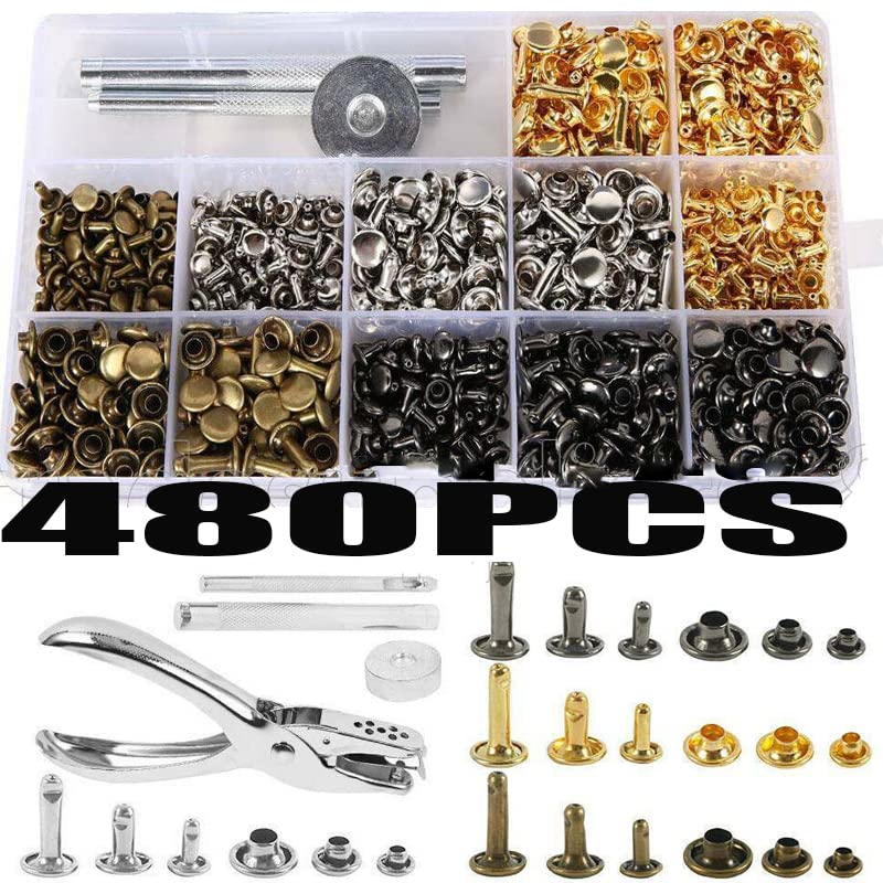Remaches de doble tapa de cuero de cobre 480/360/240X, Kits de herramientas de fijación de pernos metálicos tubulares, remaches artesanales para ropa, pernos para tela con Box-480pcs
