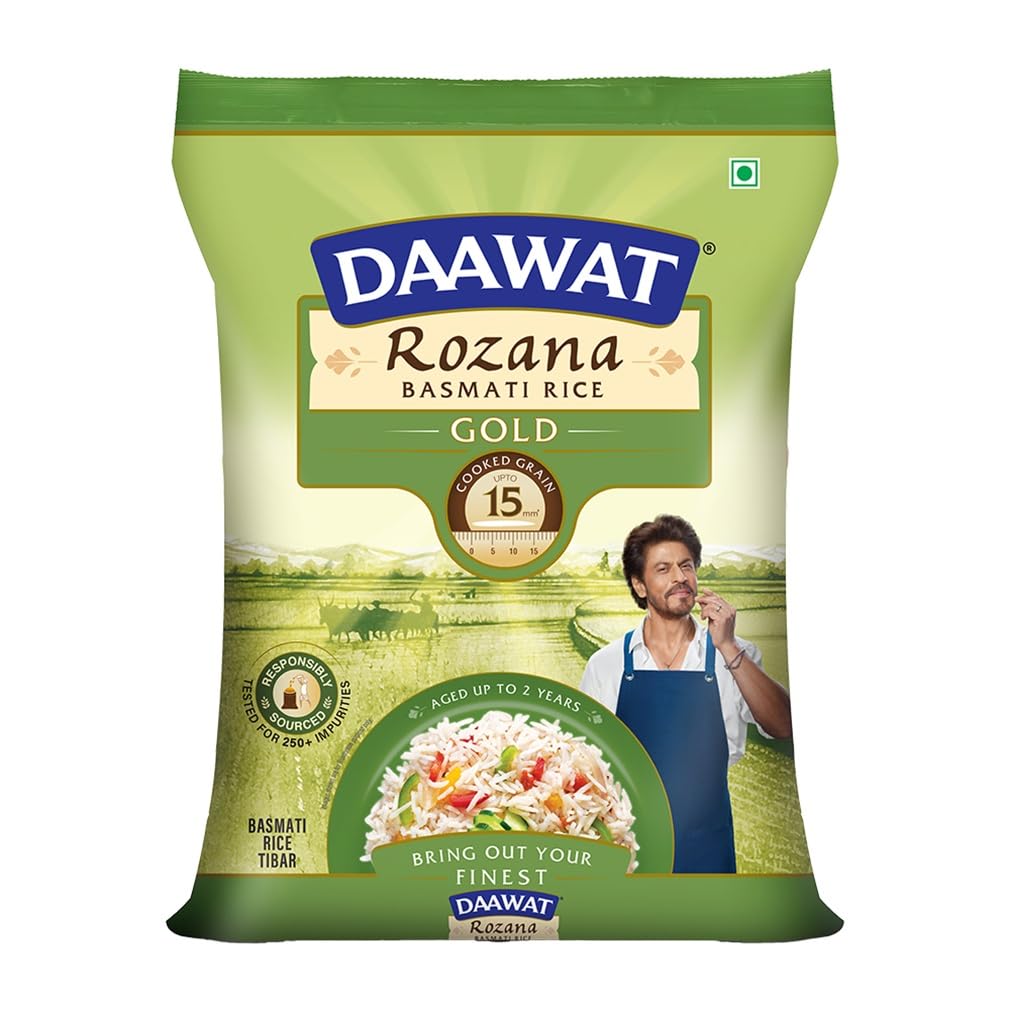 Daawat Rozana Gold Basmati Rice 5Kg| For Everyday Consumption| Cooked Grain Upto 15mm*| Naturally Aged