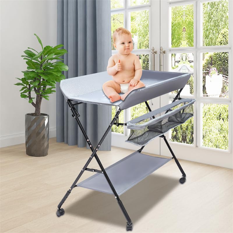 Fasciatoio Pieghevole con Ruote per Bagnetto Neonati Fasciatoio Portatile Cambio Pannolini con Tasche a Rete e Scomparti Portaoggetti Fasciatoio per Bambini (80 * 63 * 96cm-Grigio)