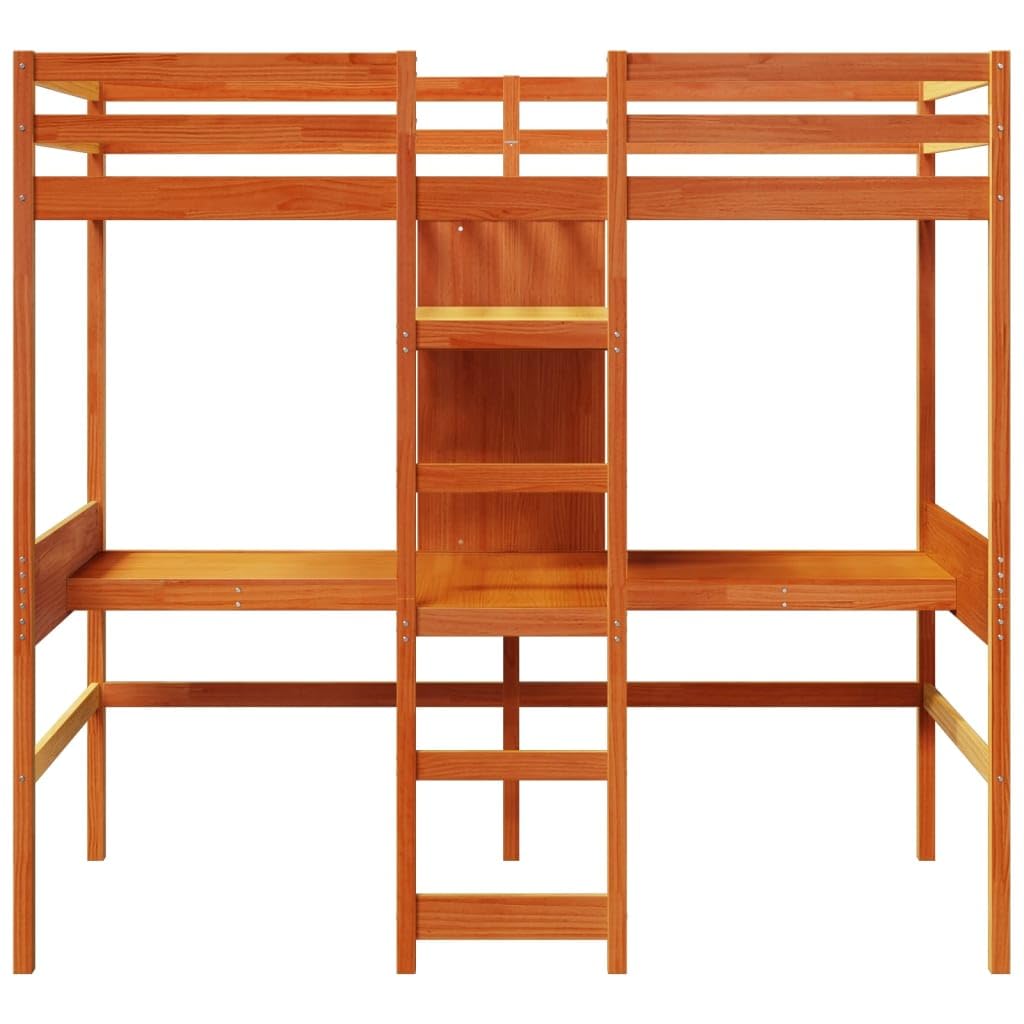 Cama Alta de Madera Maciza de Pino marrón Cera 80x200 cm con Estructura Resistente, Base de Listones, barandillas, Escalera incorporada, Almacenamiento Debajo