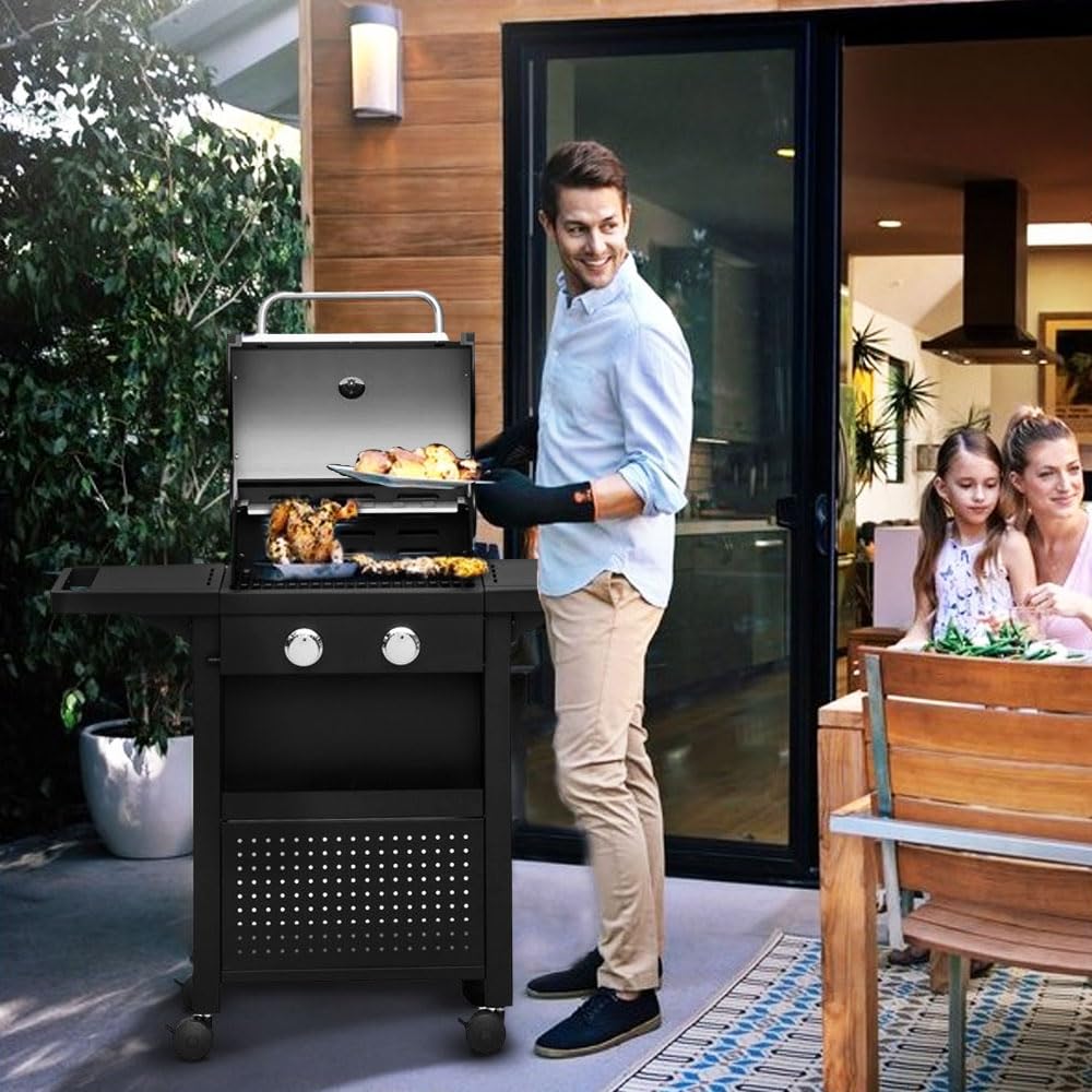 Barbecue a Gas Professionale Acciaio Inox 2 Fuochi con Termometro e Ruote Bloccabili