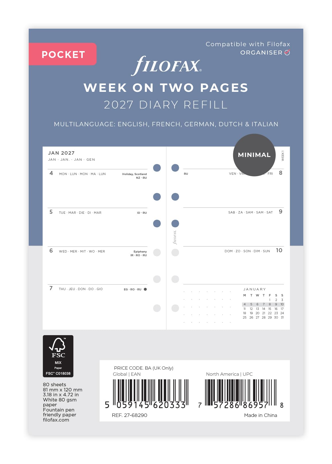 Filofax Pocket Minimal Week na dwóch stronach 2027 dziennik 27-68290