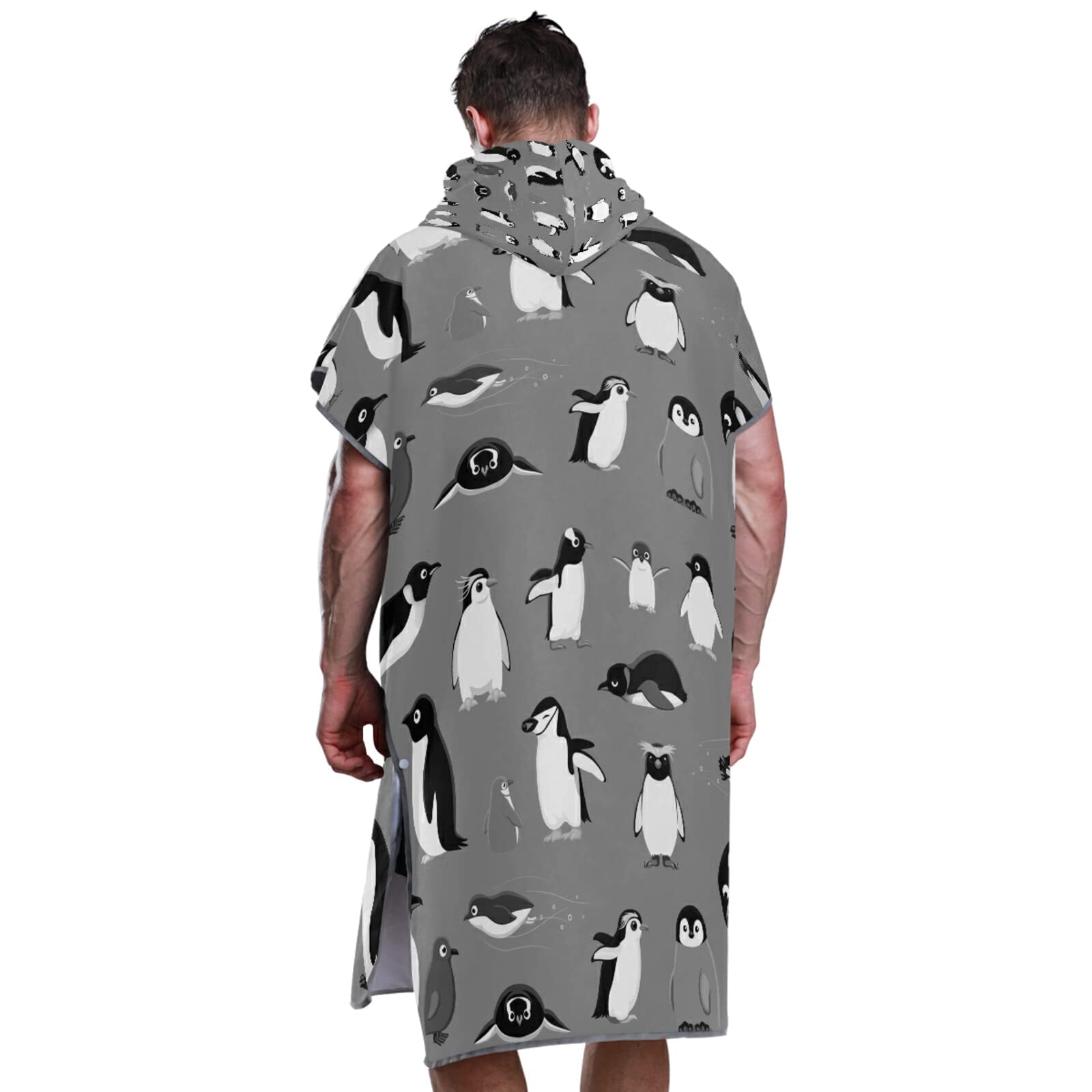 Verschiedene Cartoon-Pinguine, nahtloses Muster auf grauem Surf-Poncho, Wickelmantel mit Kapuze und Tasche, schnell trocknender Bademantel, Mikrofaser-Handtuch, Neoprenanzug für Bad, Strand, Outdoor