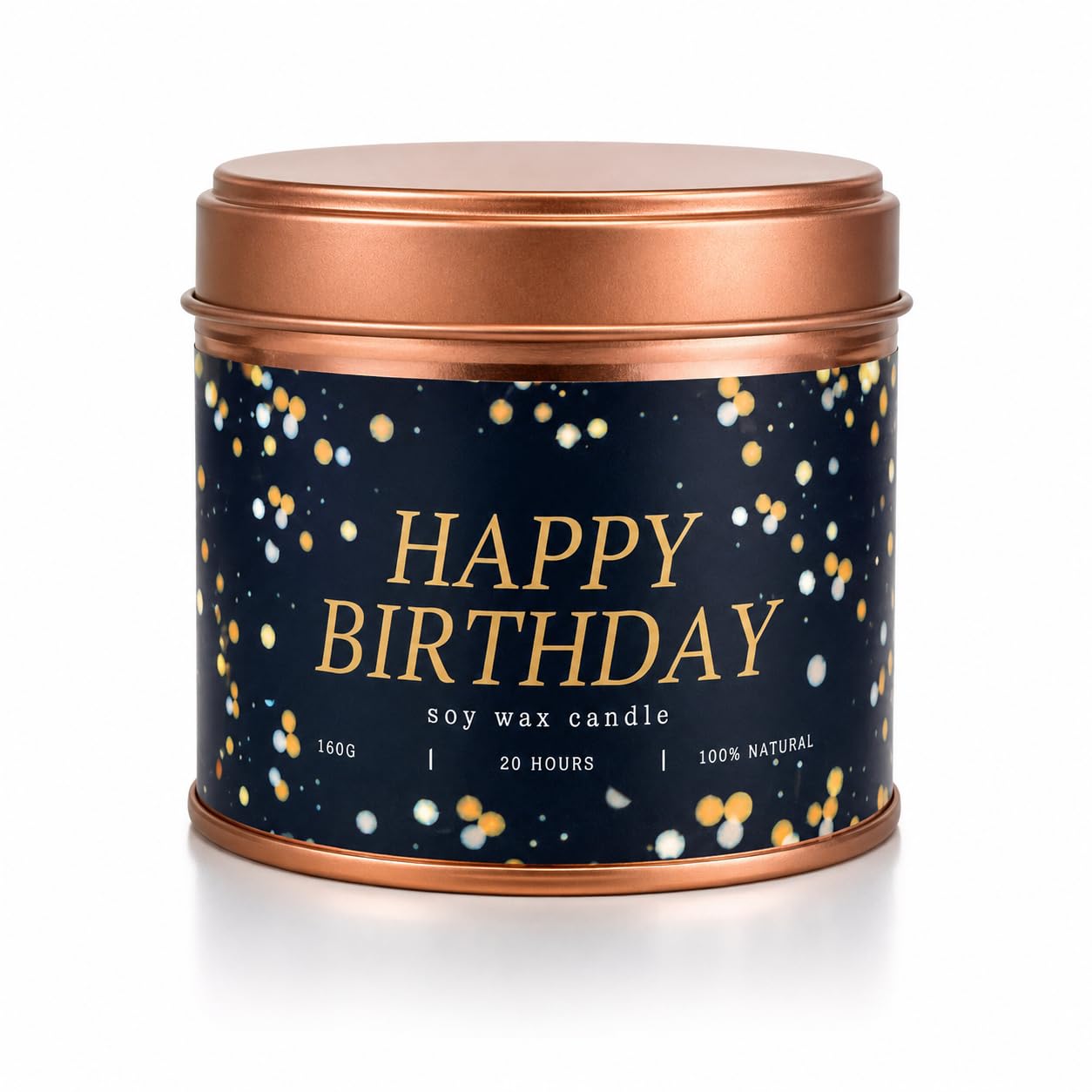 Happy Birthday Soy Wax Candle Gift – Black Plum & Rhubarb Scented Candle in Rose Gold Reusable Tin – Natural Soy Wax, Up to 20 Hour Burn Time – Birthday Gift for Her, Him, Friends & Family