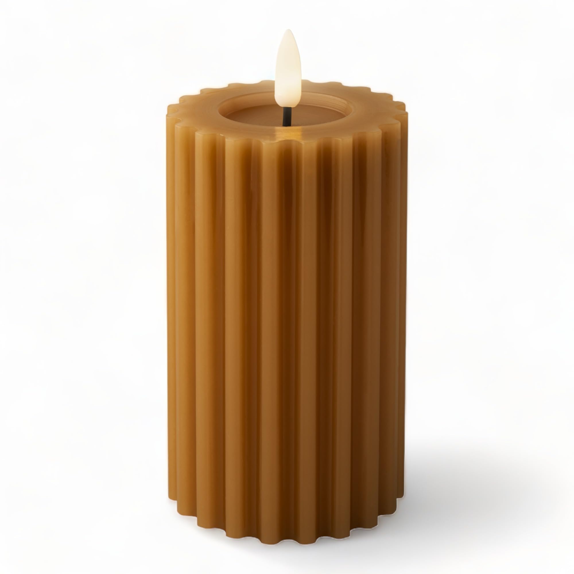 MIJOMA LED Real Wax Candle with Realistic Flame, Timer and Battery Operated, Indoor LED Candle with Warm White Light, Natural Look (Caramel - Vertical Groove Pattern, Diameter 7.5 cm x 12.5 cm)