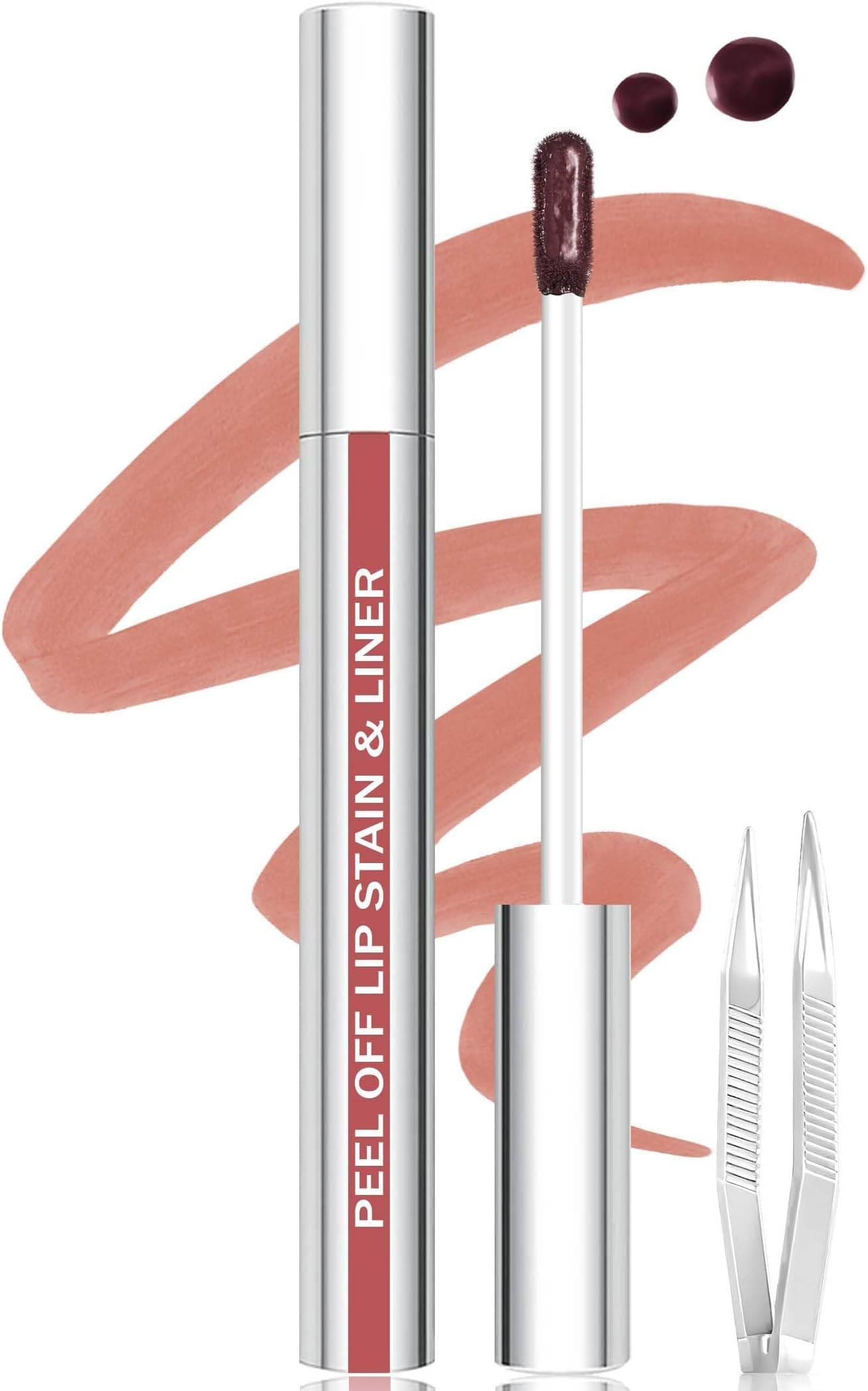 Lip Stain Peel Off Lip Liner Stain with Tweezer, Long Lasting Matte Lip Tint Tattoo, Highly Pigmented Color Lip Makeup, Waterproof Lipstick, Transfer-proof Lipstain for Women, Nude