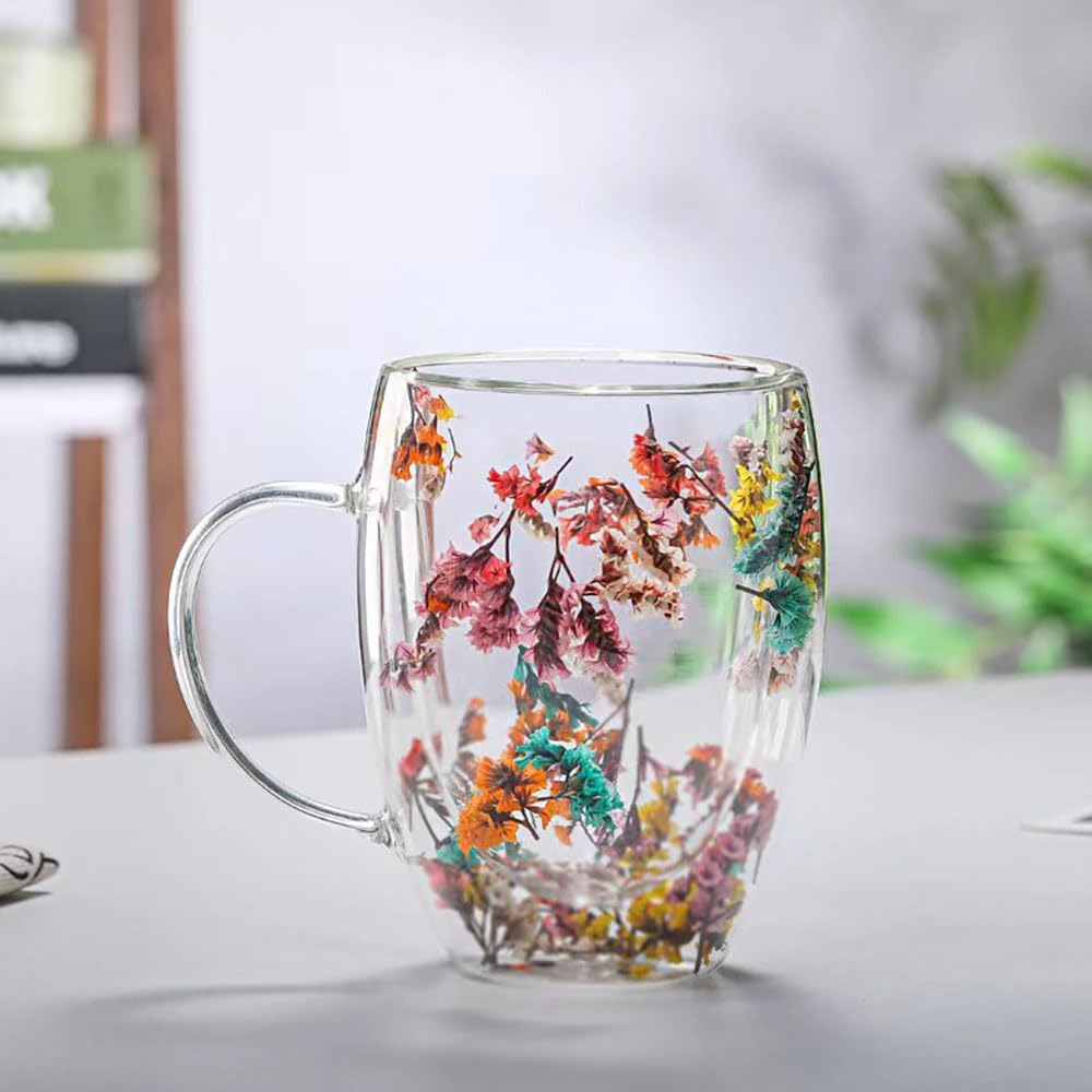 Flower Double Wall Clear Glass Coffee Mugs Creative Clear Glass Cups with Handle Flowers Double Insulated Glass Cup for Hot Cold Beverages Cappuccino Latte, Espresso Juice Glass Coffee Cups - Image 7